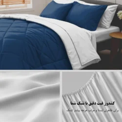 نمای نزدیک پارچه نخ‌پنبه و ملحفه کش‌دار روتختی مینیمال سرمه‌ای و سفید