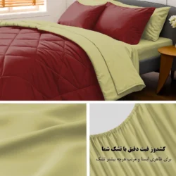 نمای نزدیک پارچه نخ‌پنبه و ملحفه کش‌دار روتختی مینیمال زرشکی و لیمویی